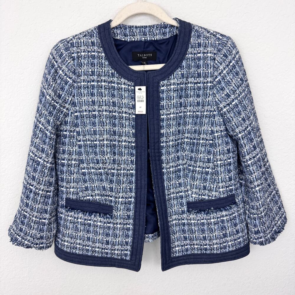 Talbots Womens Tweed Jacket Blazer Size 8 P Cotton Blend Classic Office Blue
